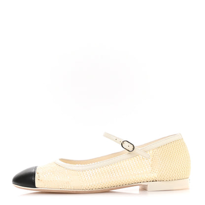 Chanel Crochet Lambskin Cap Toe Mary Jane Flats 39 Natural Beige Black 1 of 8