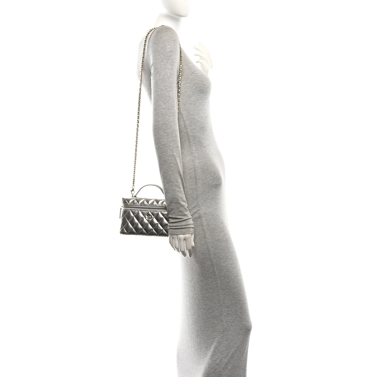 Metallic Calfskin Quilted Top Handle Slim Vanity With Chain Silver