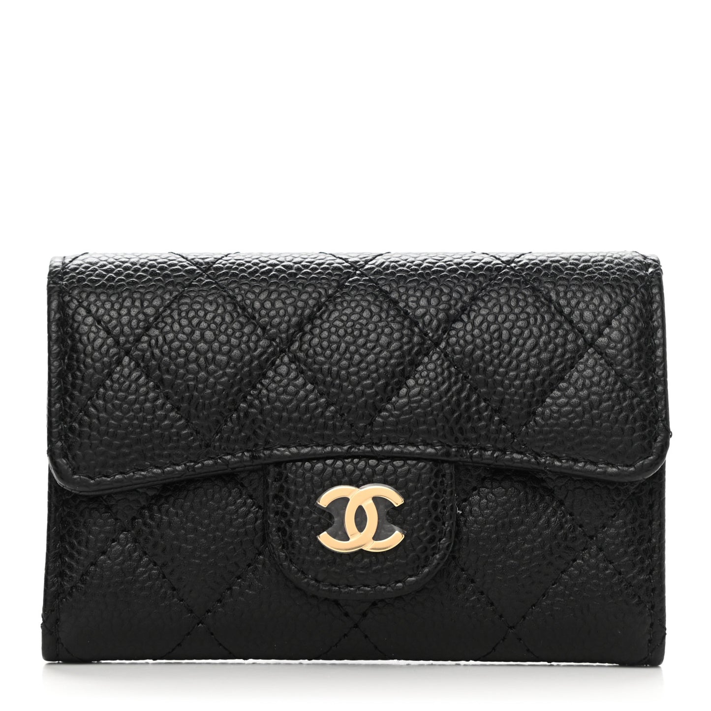 Caviar Quilted Flap Card Holder Wallet Black