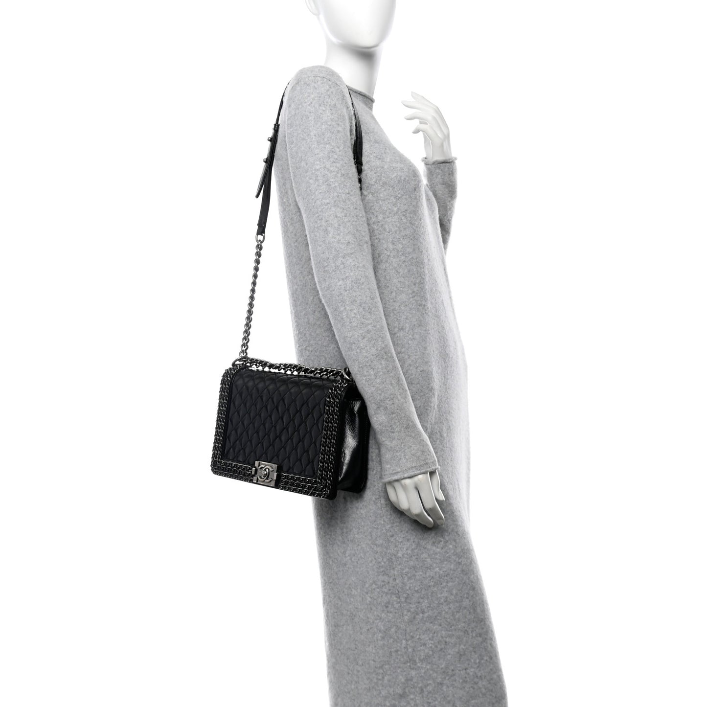 Glazed Calfskin Quilted New Medium Boy Chained Flap Black