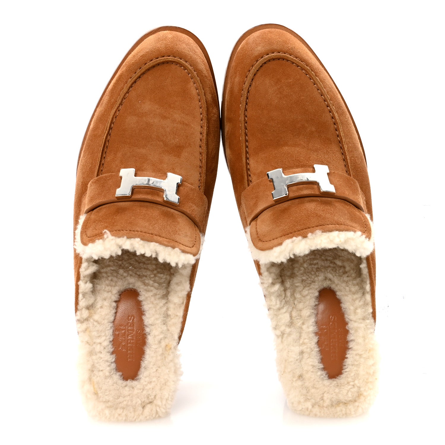 Hermes Suede Goatskin Woolskin Flore 60 Mules 38.5 Brun Amourette