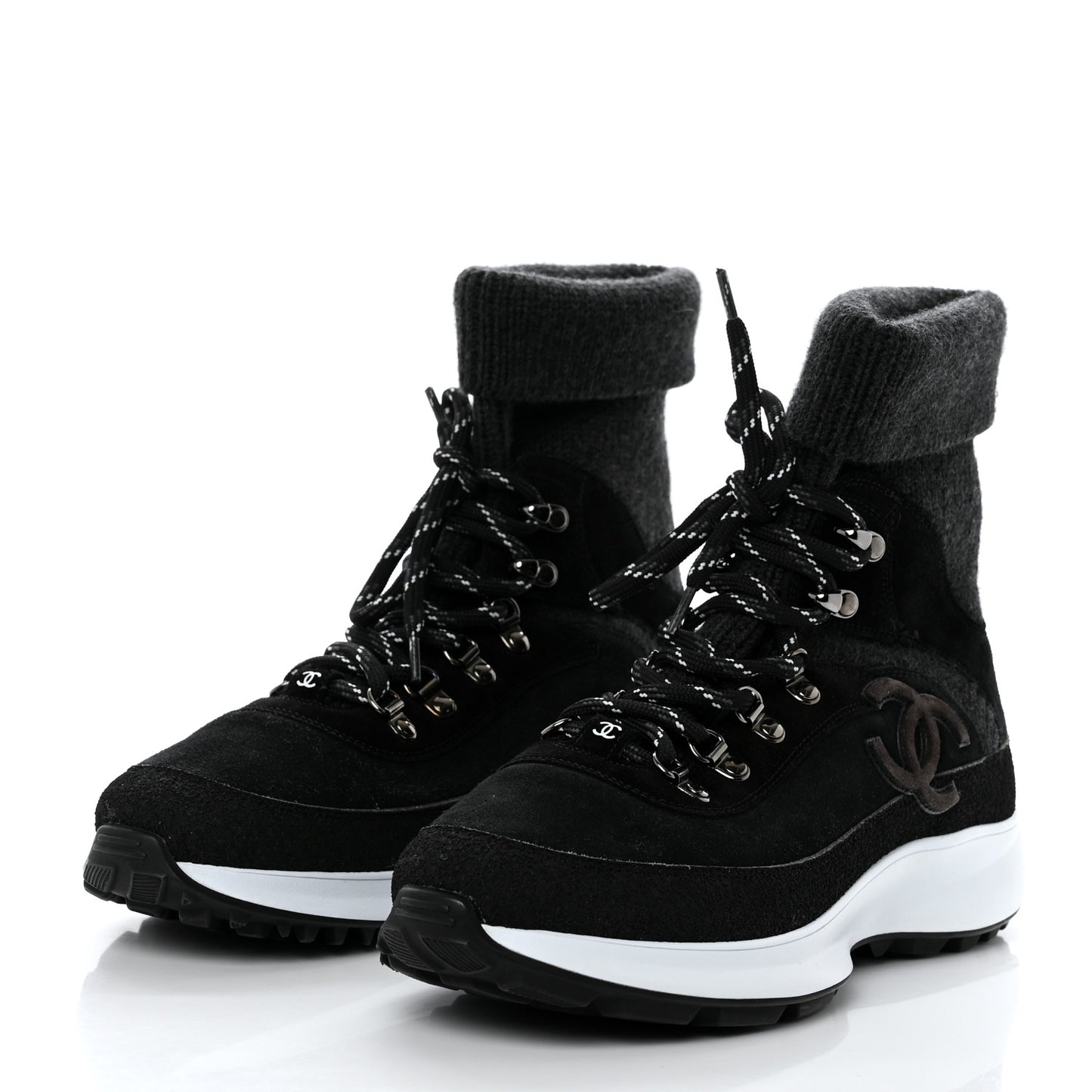 Suede Calfskin Knit CC Sneakers 40 Black Dark Gray