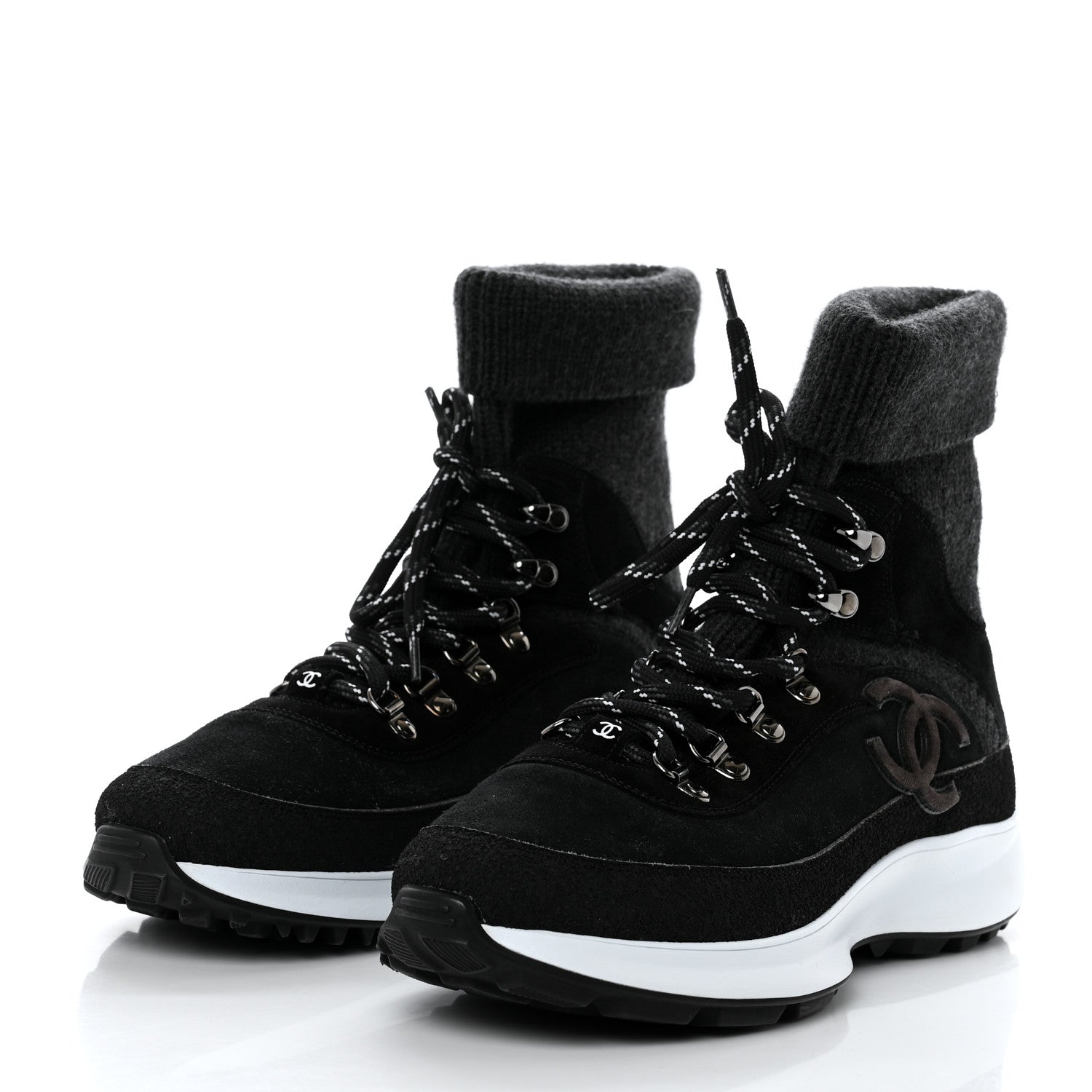 Chanel Suede Calfskin Knit CC Sneakers 40 Black Dark Gray 3 of 8