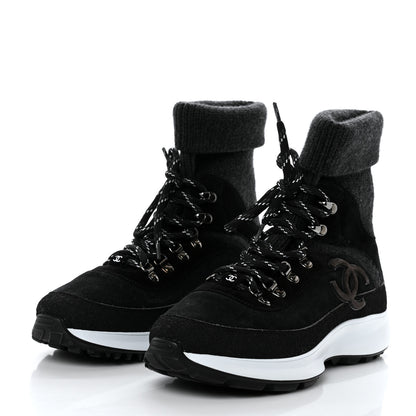 Chanel Suede Calfskin Knit CC Sneakers 40 Black Dark Gray 3 of 8