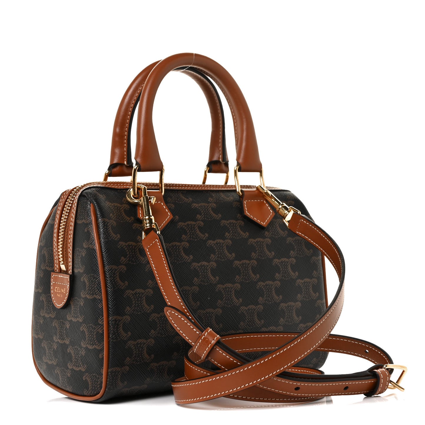 Triomphe Canvas Calfskin Small Boston Bag Tan