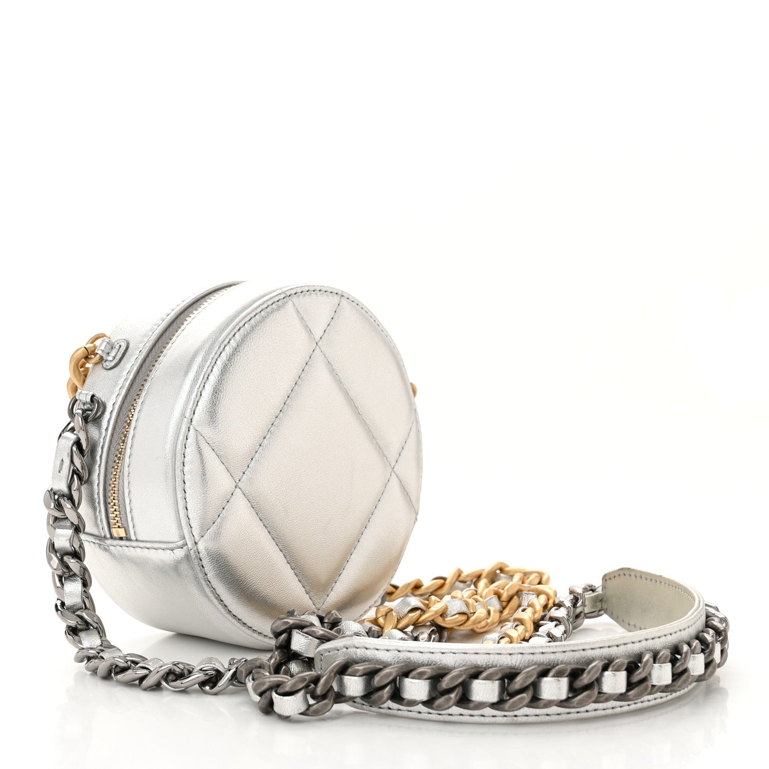 Chanel Metallic Lambskin Quilted Chanel 19 Round Clutch With Chain Silver 3 of 10