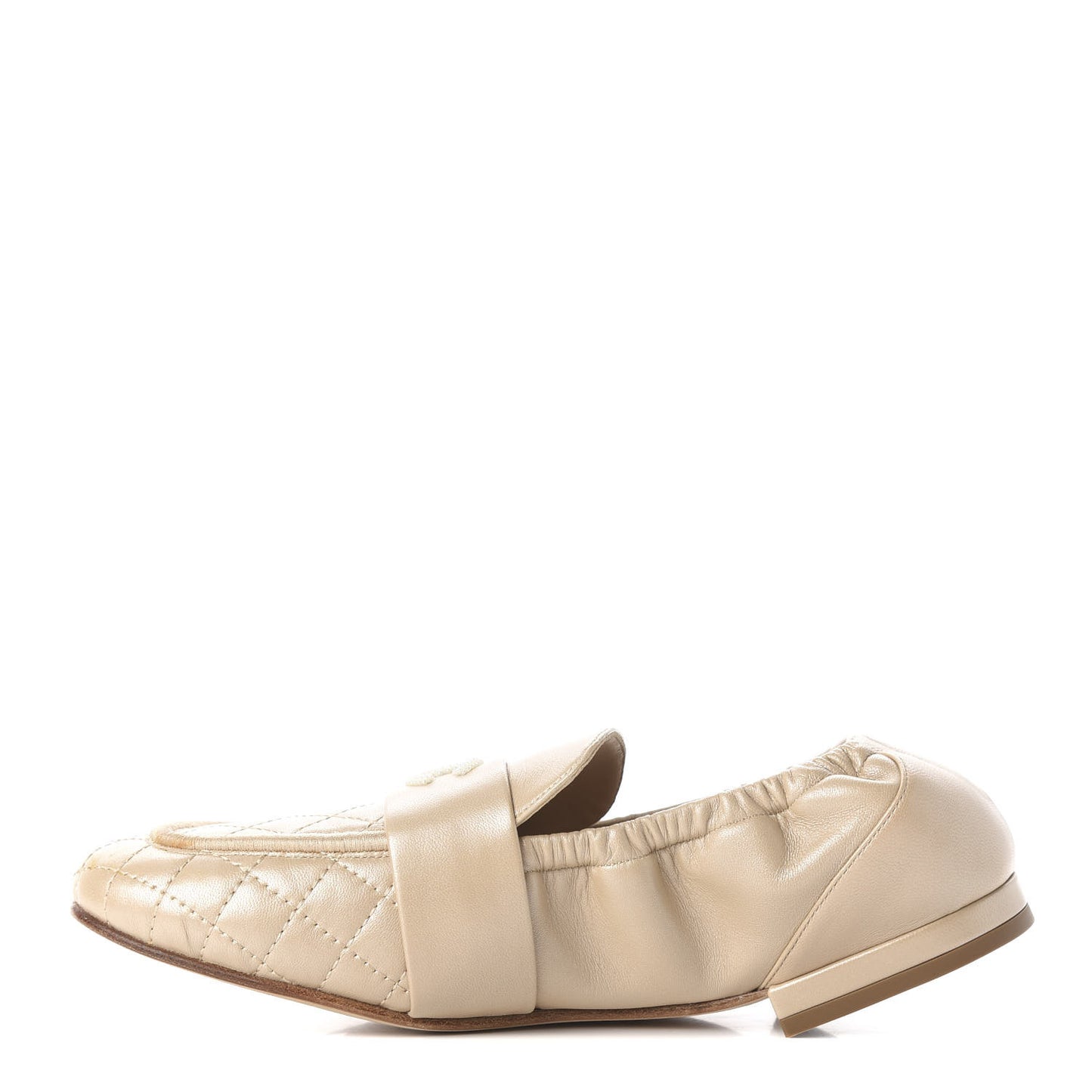 Laminated Lambskin Womens Quilted Elastic CC Moccasin Loafers 36.5 Beige