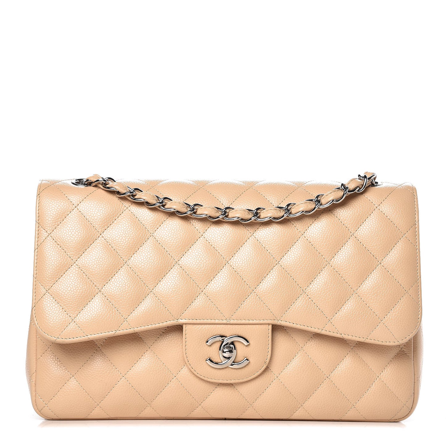 Caviar Quilted Jumbo Double Flap Light Beige