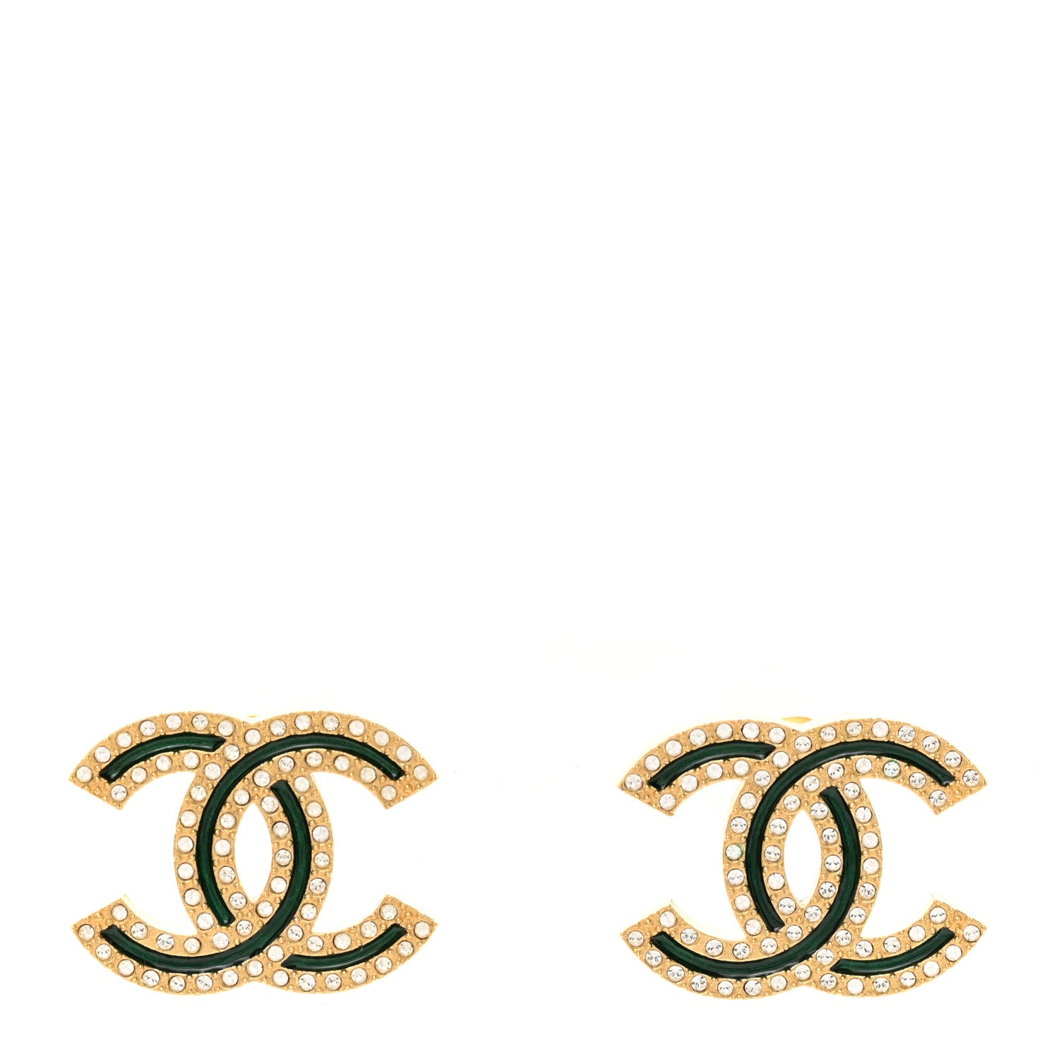 Chanel Enamel Crystal CC Earrings Green Gold 1 of 4