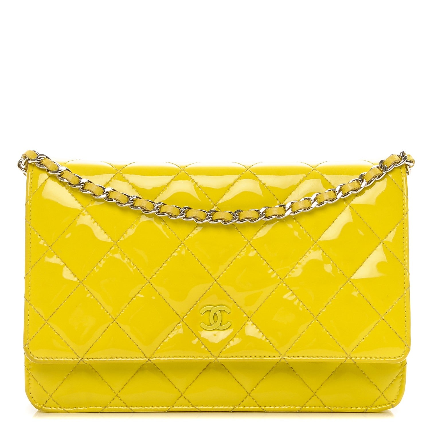 Chanel Patent Quilted Wallet On Chain WOC Yellow 1 of 8