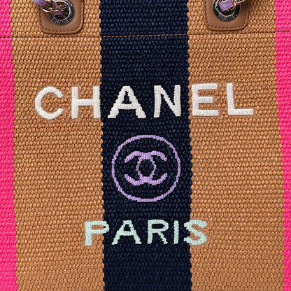 Chanel Straw Raffia Calfskin Striped Medium Deauville Tote Dark Beige Fuchsia Navy Blue 11 of 13