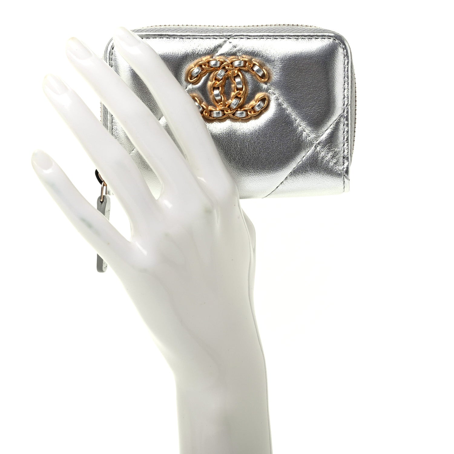 Chanel Metallic Goatskin Quilted Chanel 19 Zip Around Coin Purse Wallet Silver 2 of 8