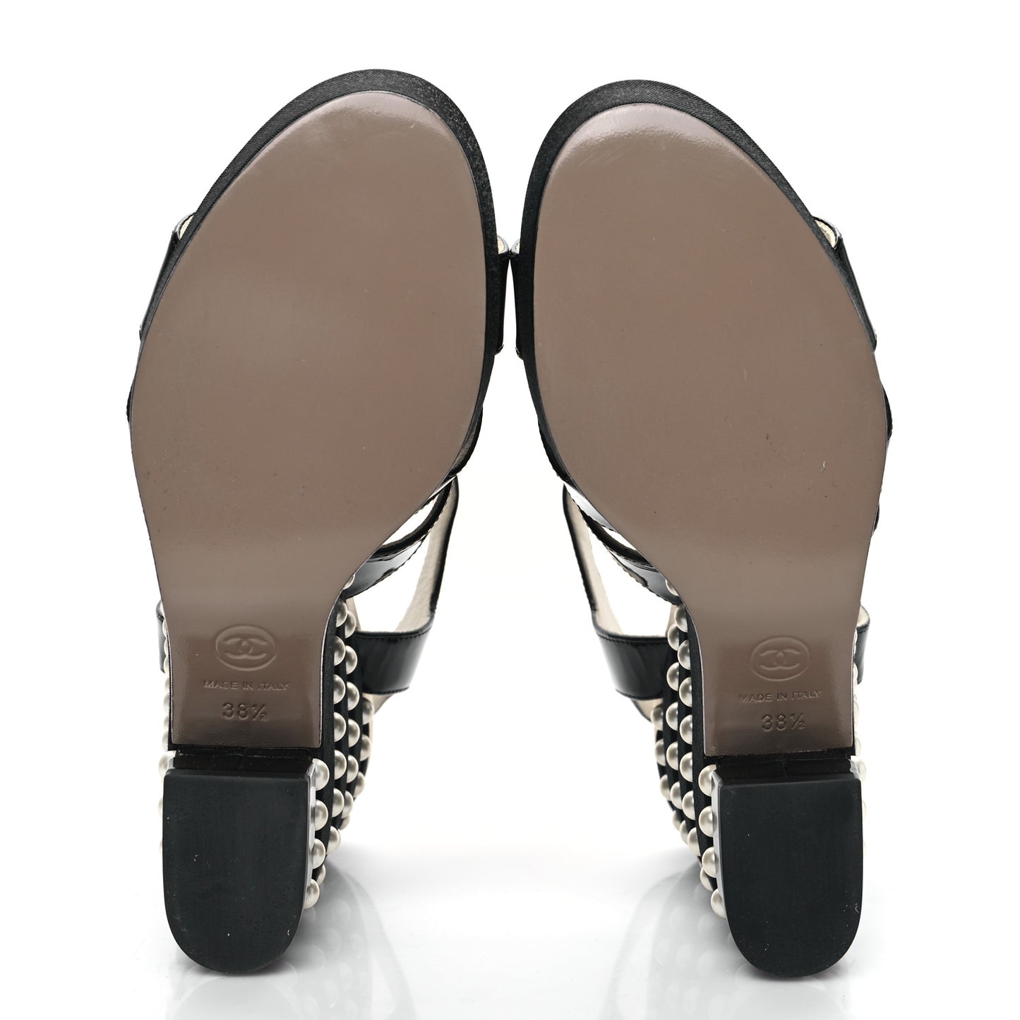 Patent Calfskin Grosgrain Pearl CC Wedge Sandals 38.5 Black