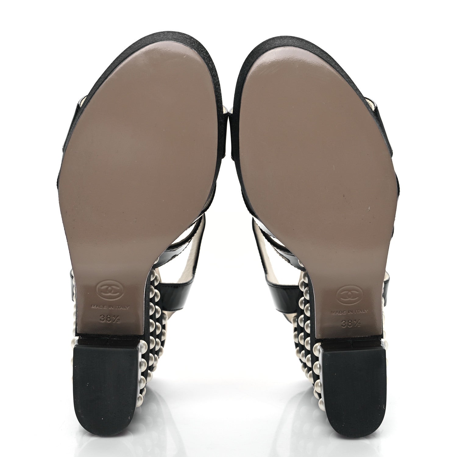 Chanel Patent Calfskin Grosgrain Pearl CC Wedge Sandals 38.5 Black 5 of 10