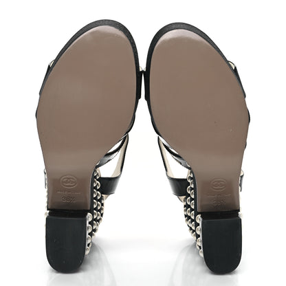 Chanel Patent Calfskin Grosgrain Pearl CC Wedge Sandals 38.5 Black 5 of 10