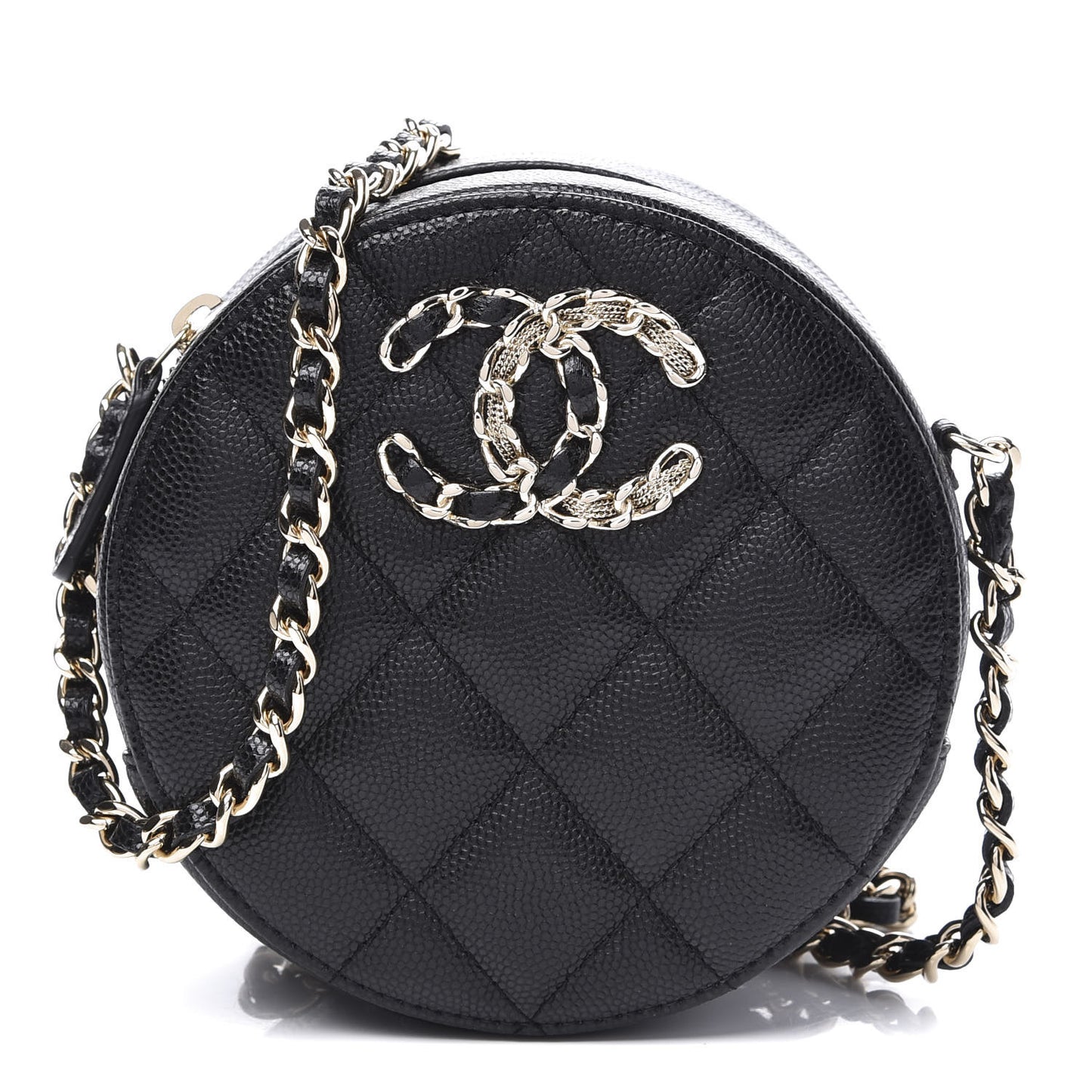 Caviar Quilted French New Wave Round Clutch With Chain Black