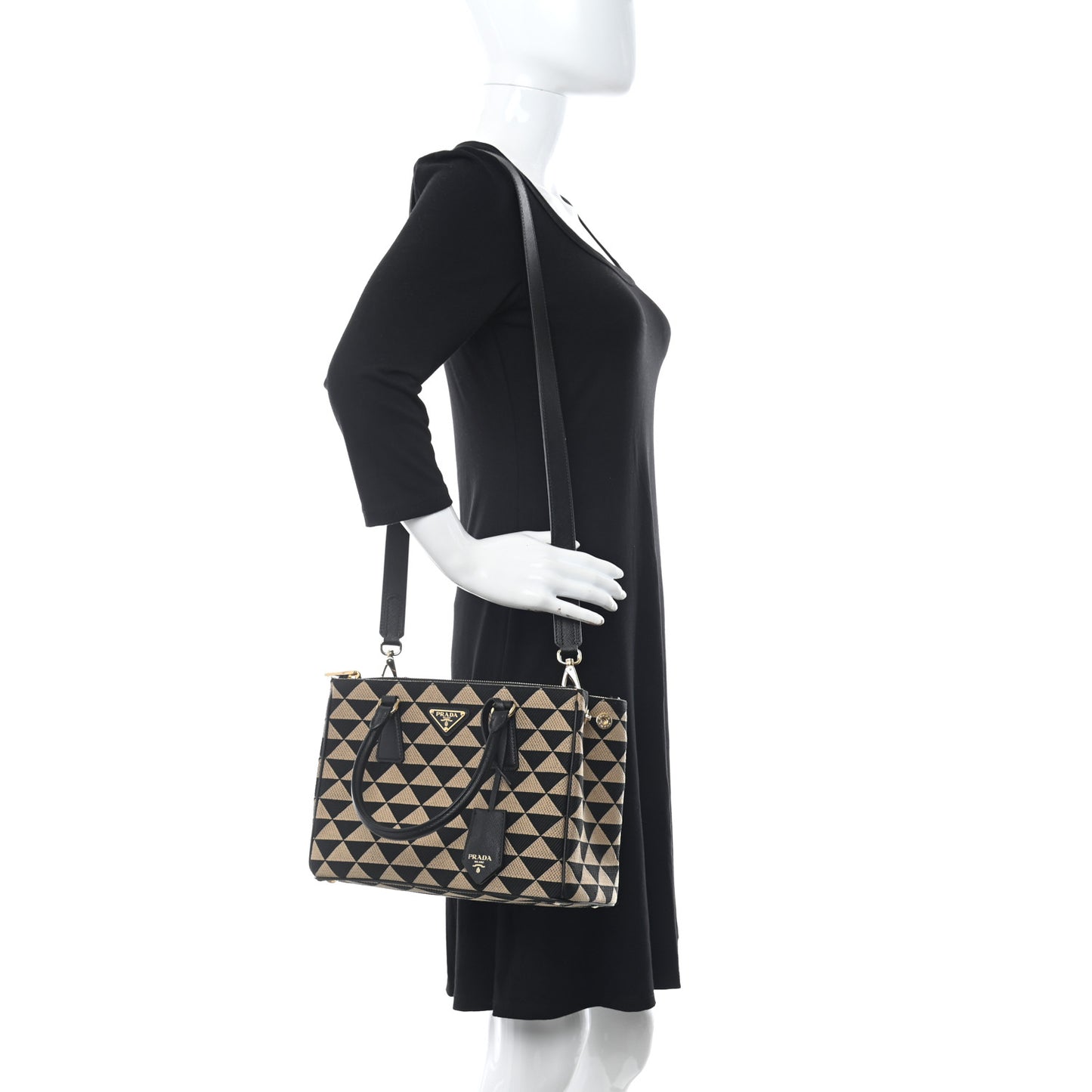 Jacquard Saffiano Triangolo Symbole Embroidered Small Galleria Double Zip Tote Black Corda