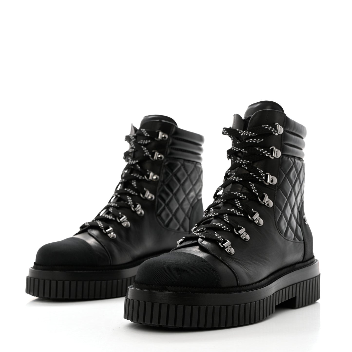 Calfskin Grosgrain Quilted Lace Up Boots 41 Black Grey