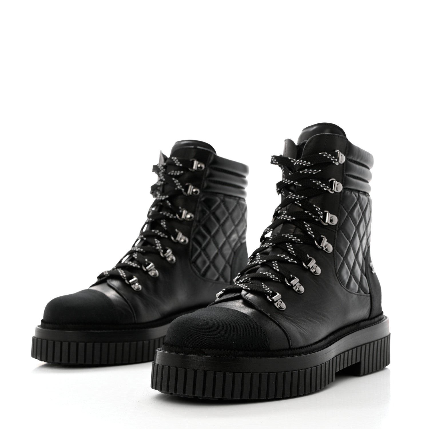 Chanel Calfskin Grosgrain Quilted Lace Up Boots 41 Black Grey 3 of 9