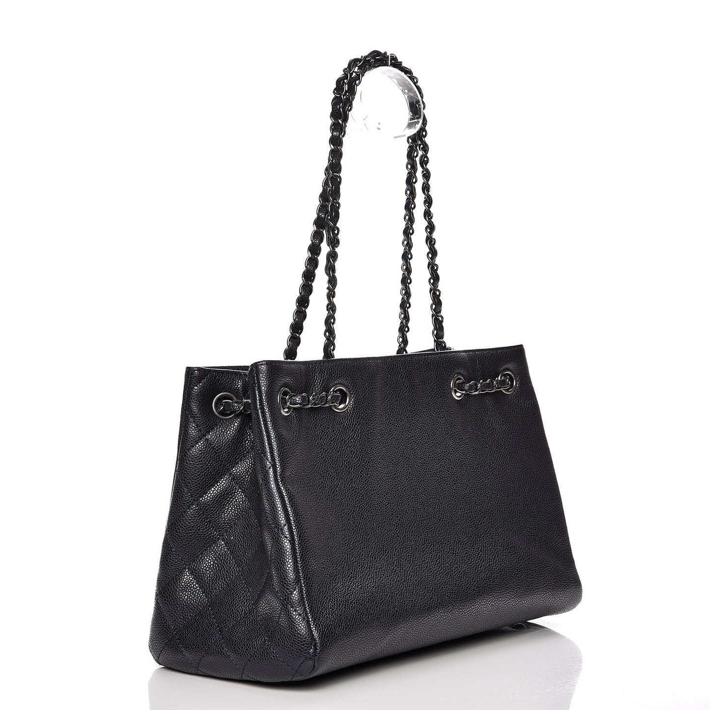 Metallic Grained Calfskin Woven Chain Medium Shopping Tote Dark Navy