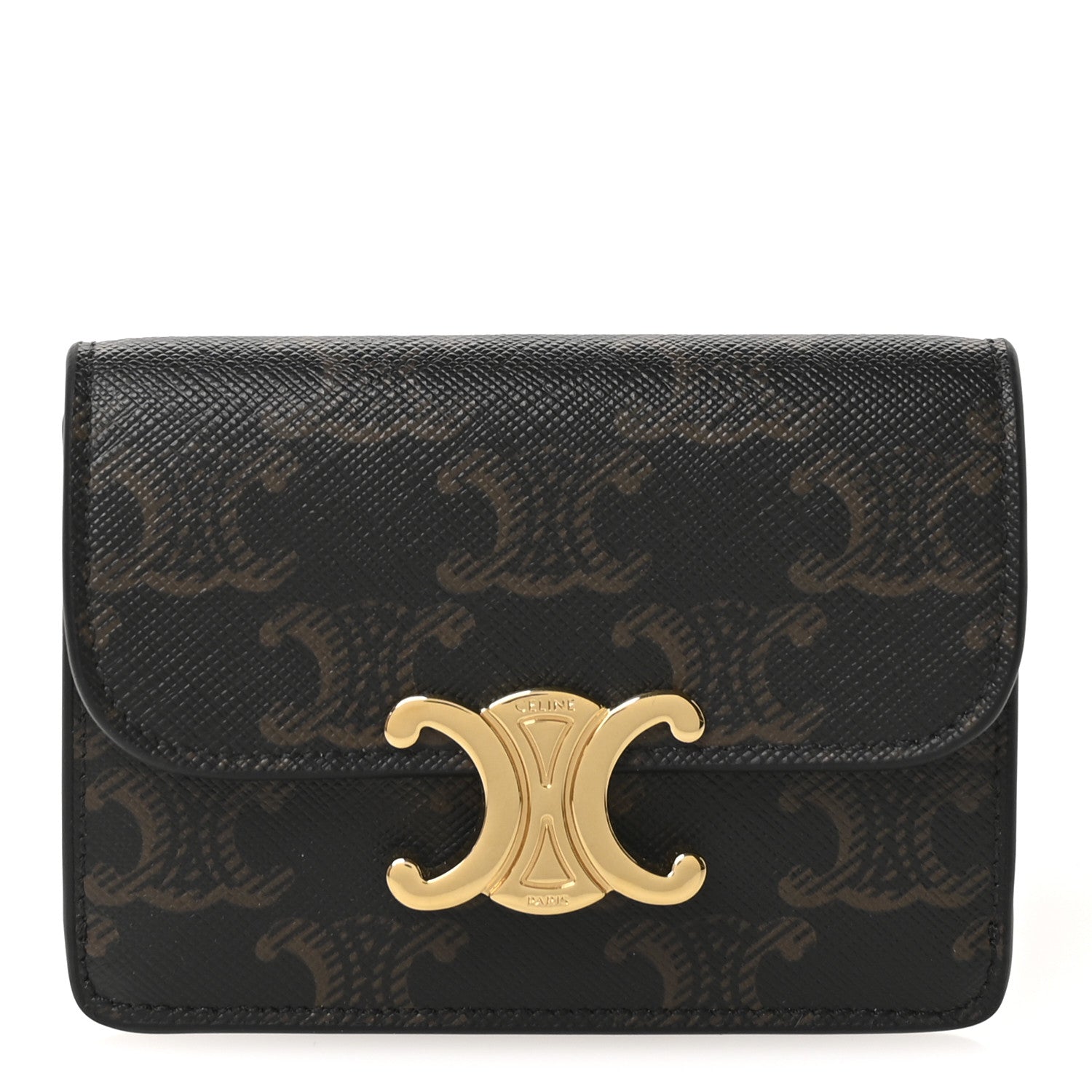 Celine Triomphe Canvas Calfskin Flap Card Holder Tan 1 of 9