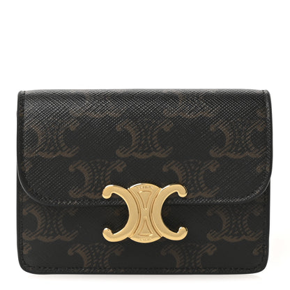 Celine Triomphe Canvas Calfskin Flap Card Holder Tan 1 of 9