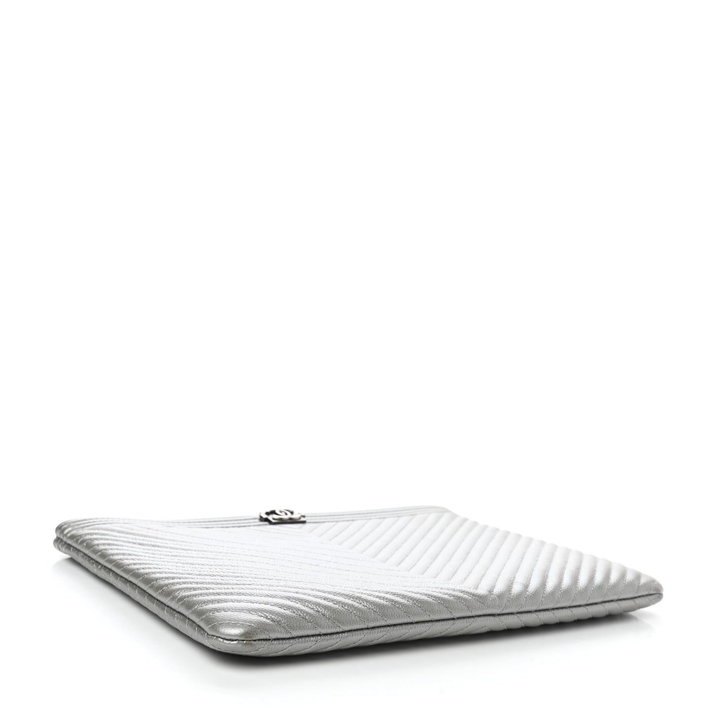 Metallic Caviar Chevron Quilted Medium Boy Cosmetic Case Silver