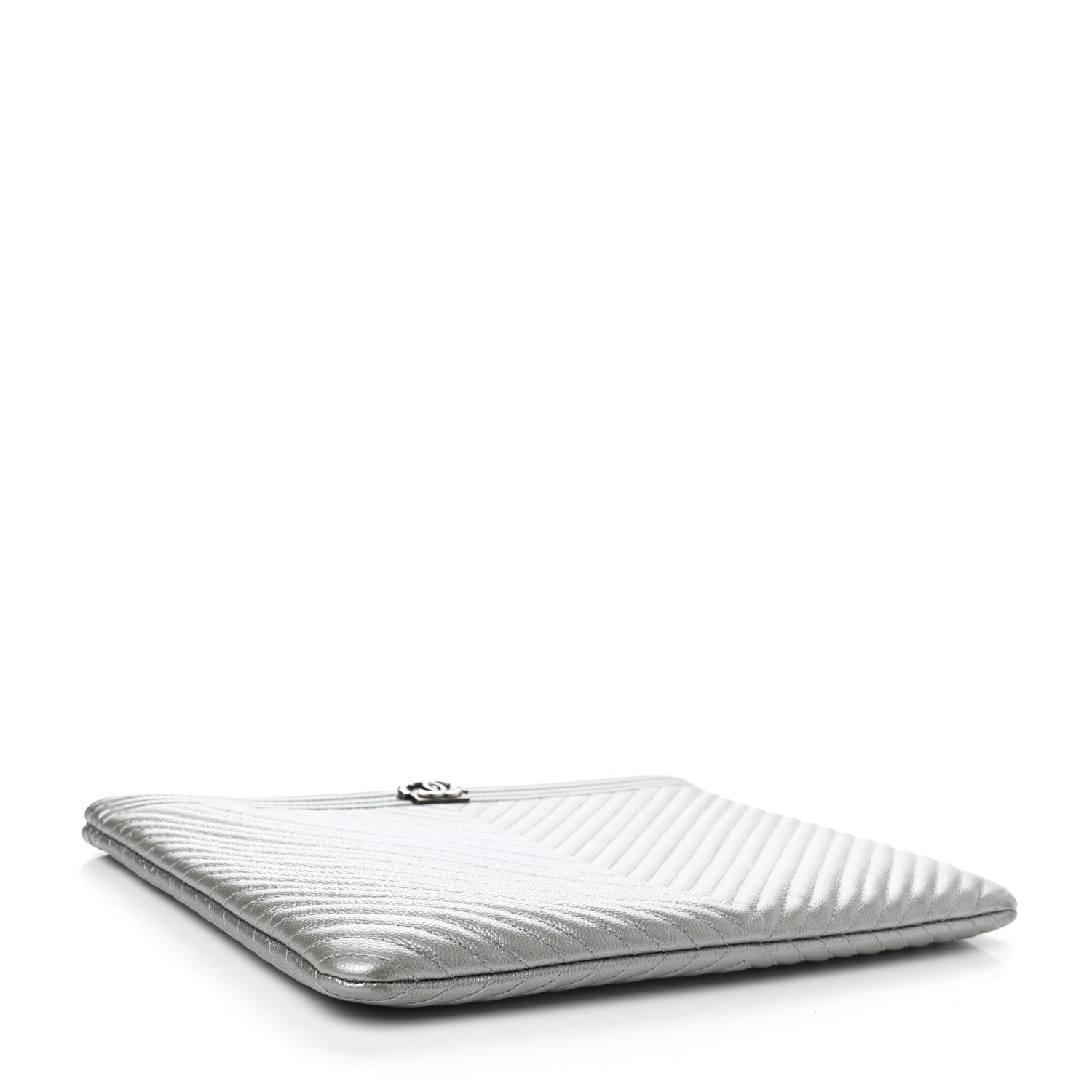 Chanel Metallic Caviar Chevron Quilted Medium Boy Cosmetic Case Silver 4 of 9