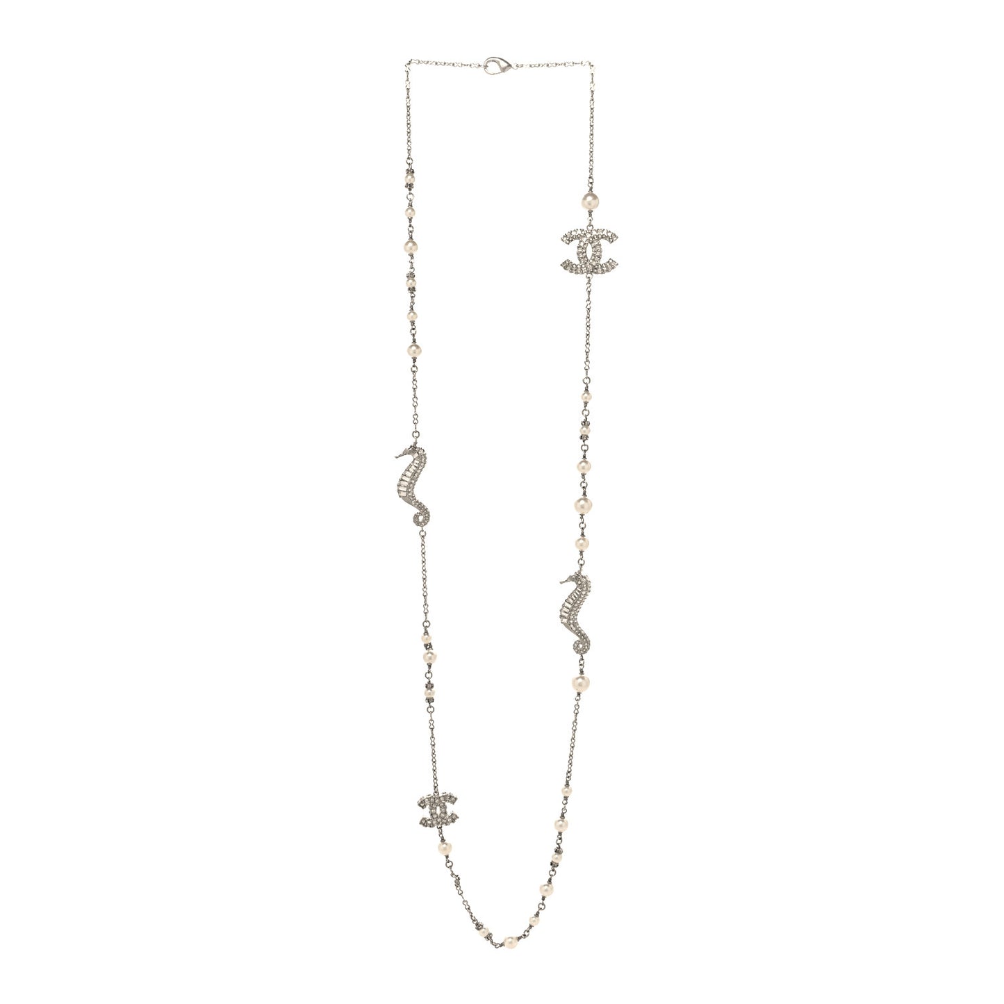 Crystal Baguette Pearl CC Seahorse Long Necklace Silver