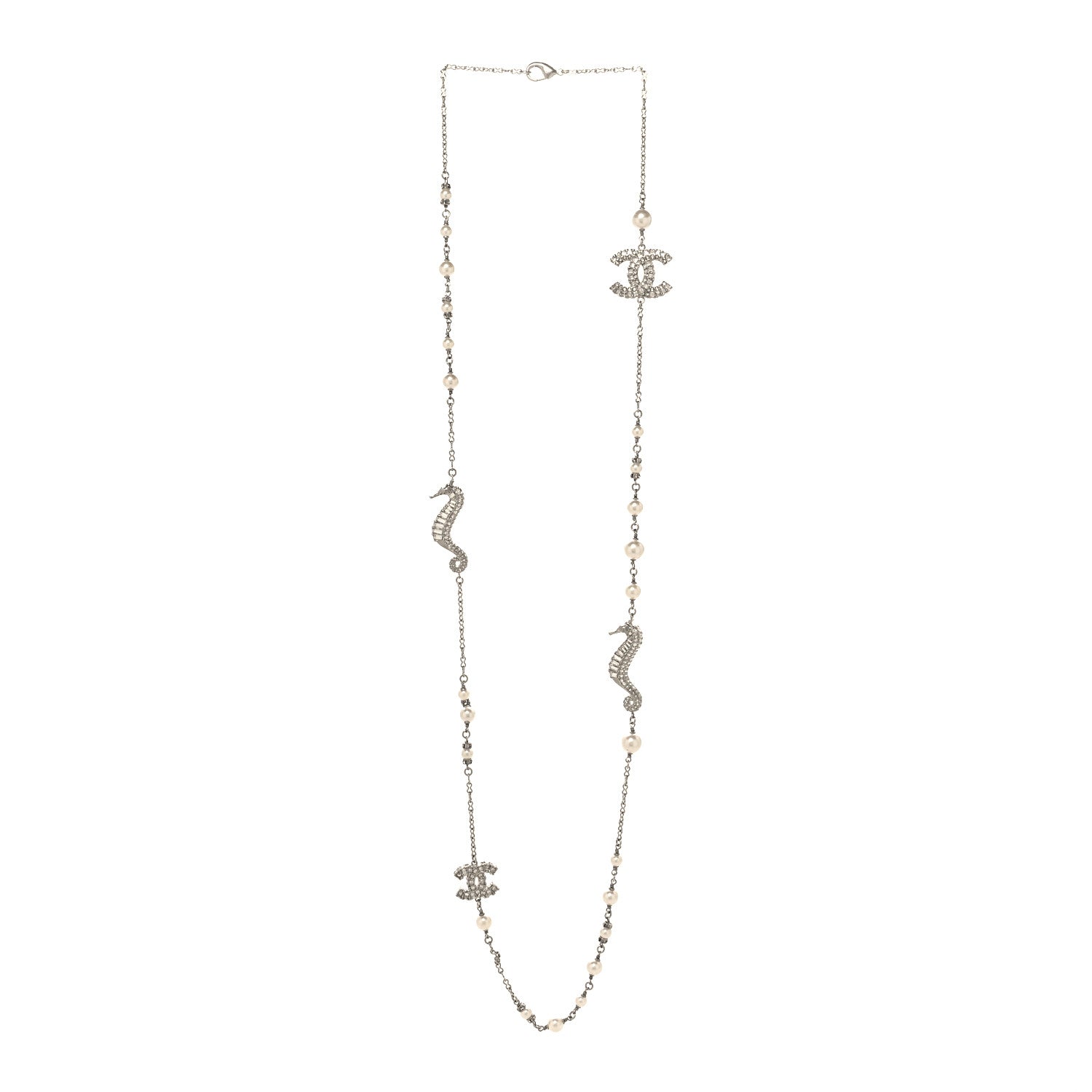 Chanel Crystal Baguette Pearl CC Seahorse Long Necklace Silver 3 of 5