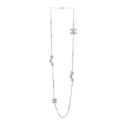 Chanel Crystal Baguette Pearl CC Seahorse Long Necklace Silver 3 of 5