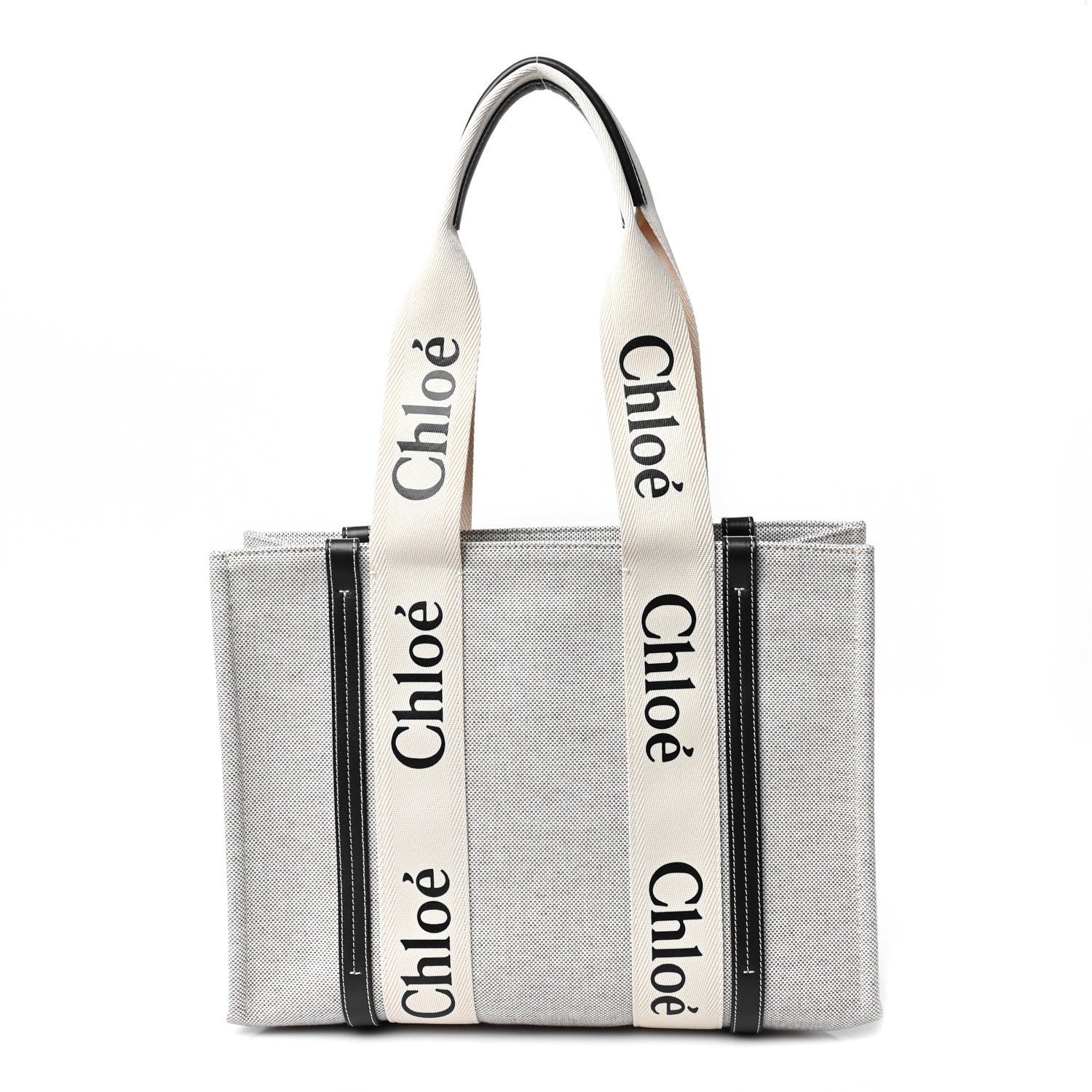 Chloe Cotton Calfskin Medium Woody Ribbon Tote White Black 1 of 8