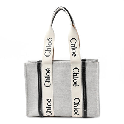 Chloe Cotton Calfskin Medium Woody Ribbon Tote White Black 1 of 8