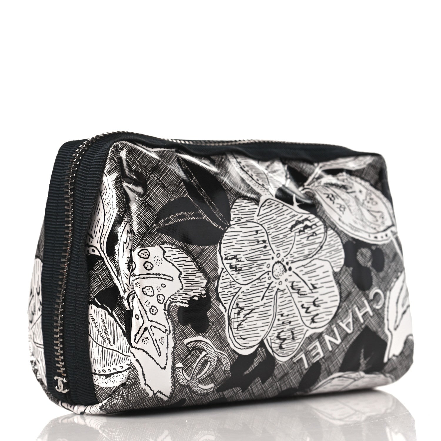 Chanel Coated Canvas Lambskin Camellia Cosmetic Pouch Black White 3 of 8