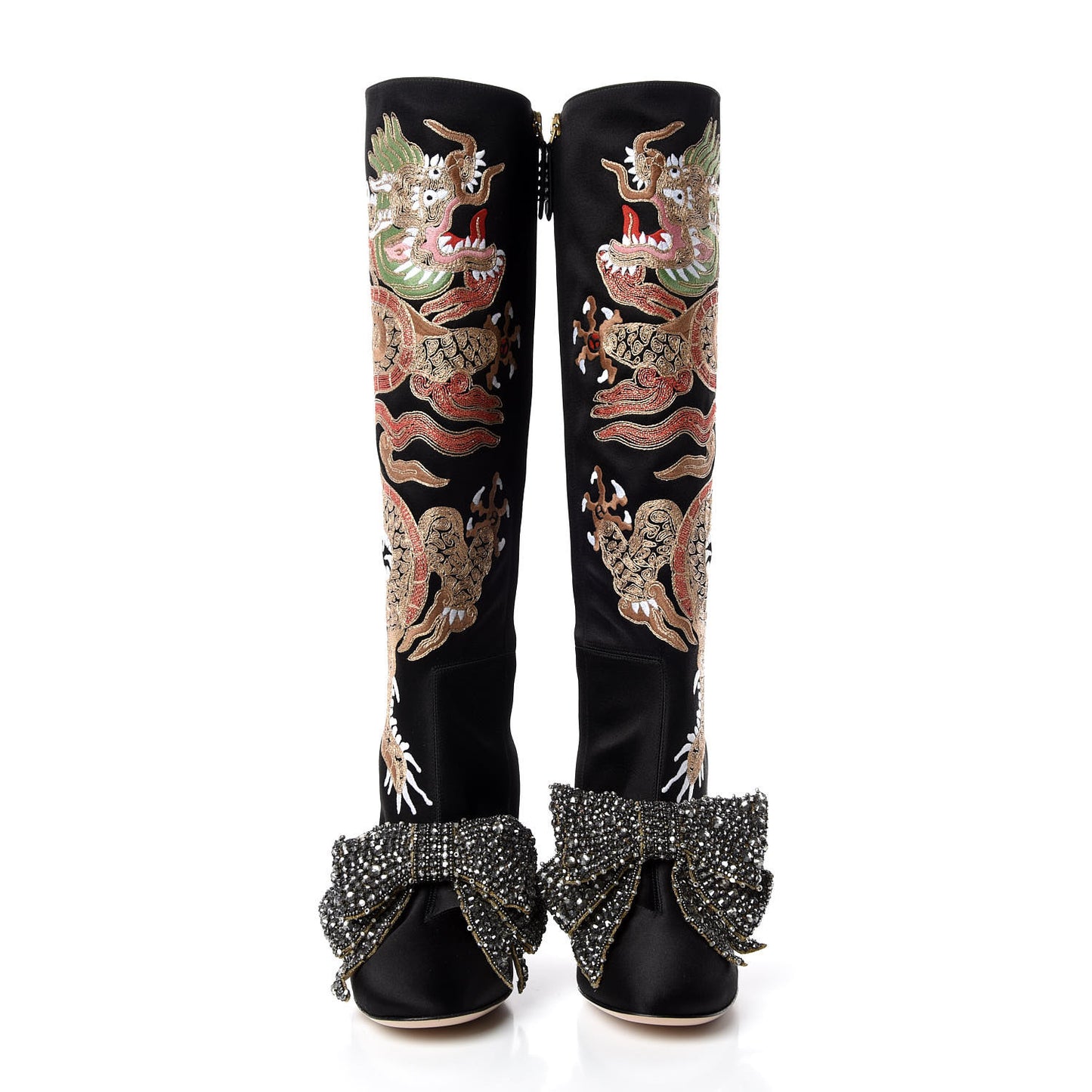 Silk Satin Malaga Kid Embroidered Candy Dragon Block-Heel Knee Boot 35 Black