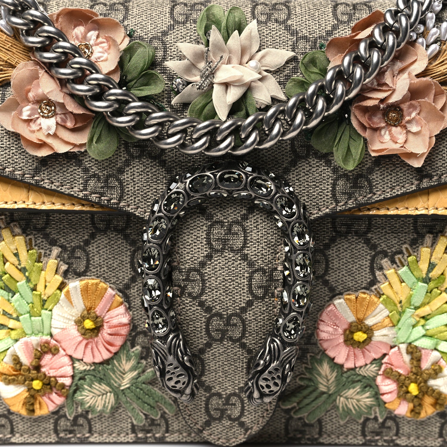 Gucci GG Supreme Monogram Snakeskin Flower Embroidered Medium Dionysus Shoulder Bag Beige Yellow 8 of 10