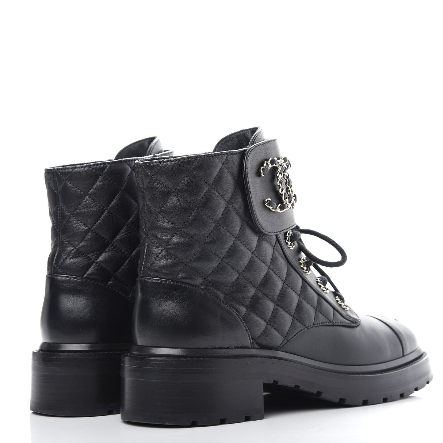 Lambskin Calfskin Quilted Lace Up Combat Boots 40 Black