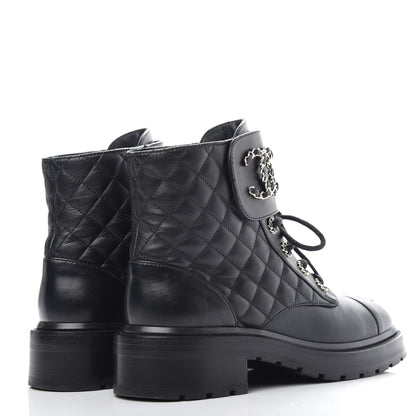 Chanel Lambskin Calfskin Quilted Lace Up Combat Boots 40 Black 4 of 13