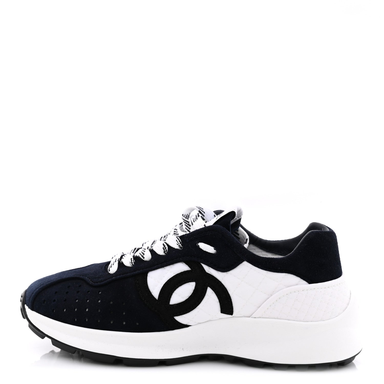 Chanel Suede Perforated Womens CC Sneakers 35.5 Black White 1 of 9