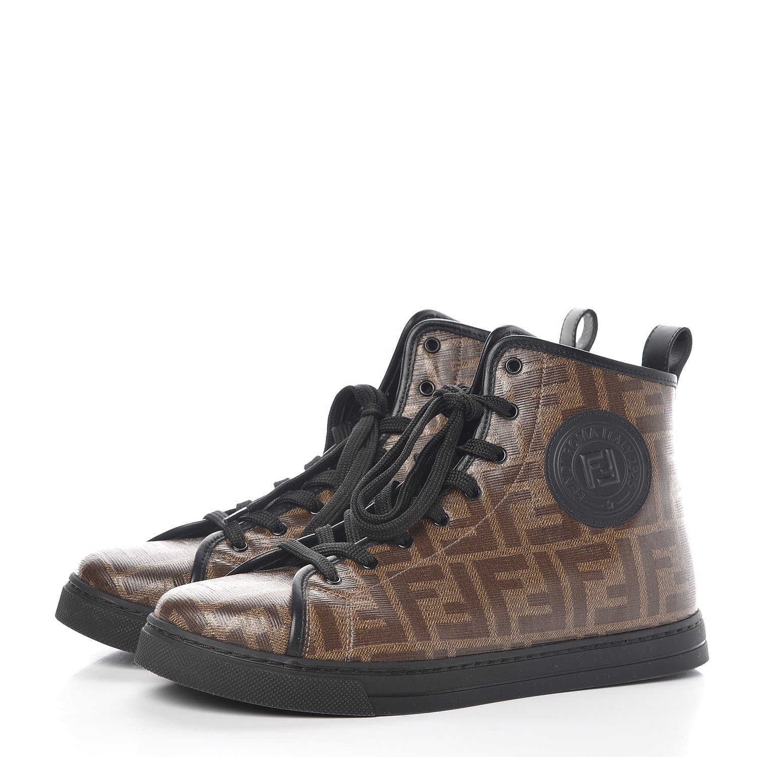 Fendi Glazed Fabric FF 1974 Stamp Patch High Top Sneakers 38.5 Mogano Panna Black 3 of 12
