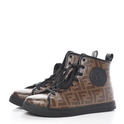 Fendi Glazed Fabric FF 1974 Stamp Patch High Top Sneakers 38.5 Mogano Panna Black 3 of 12