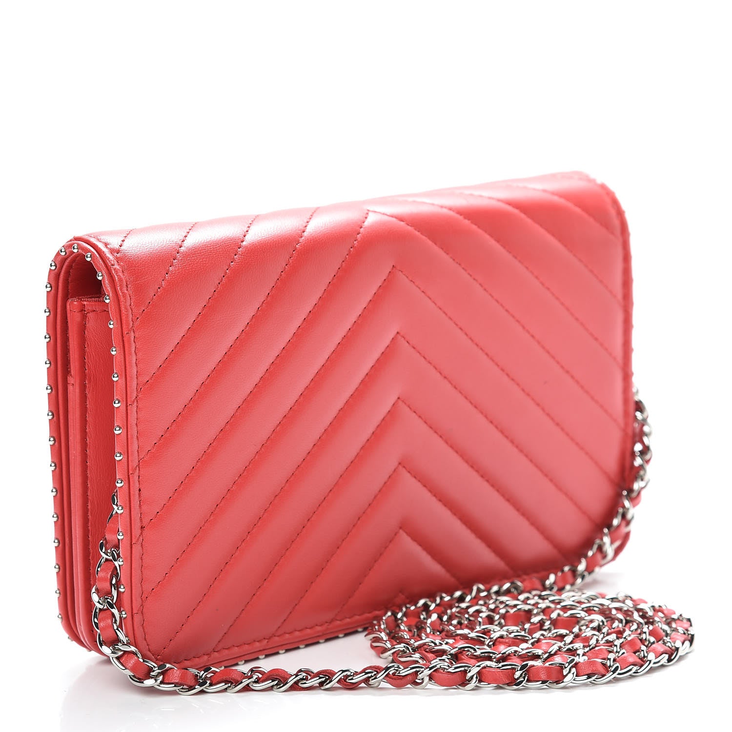 Chanel Lambskin Chevron Quilted Studded Wallet On Chain WOC Light Red 3 of 15