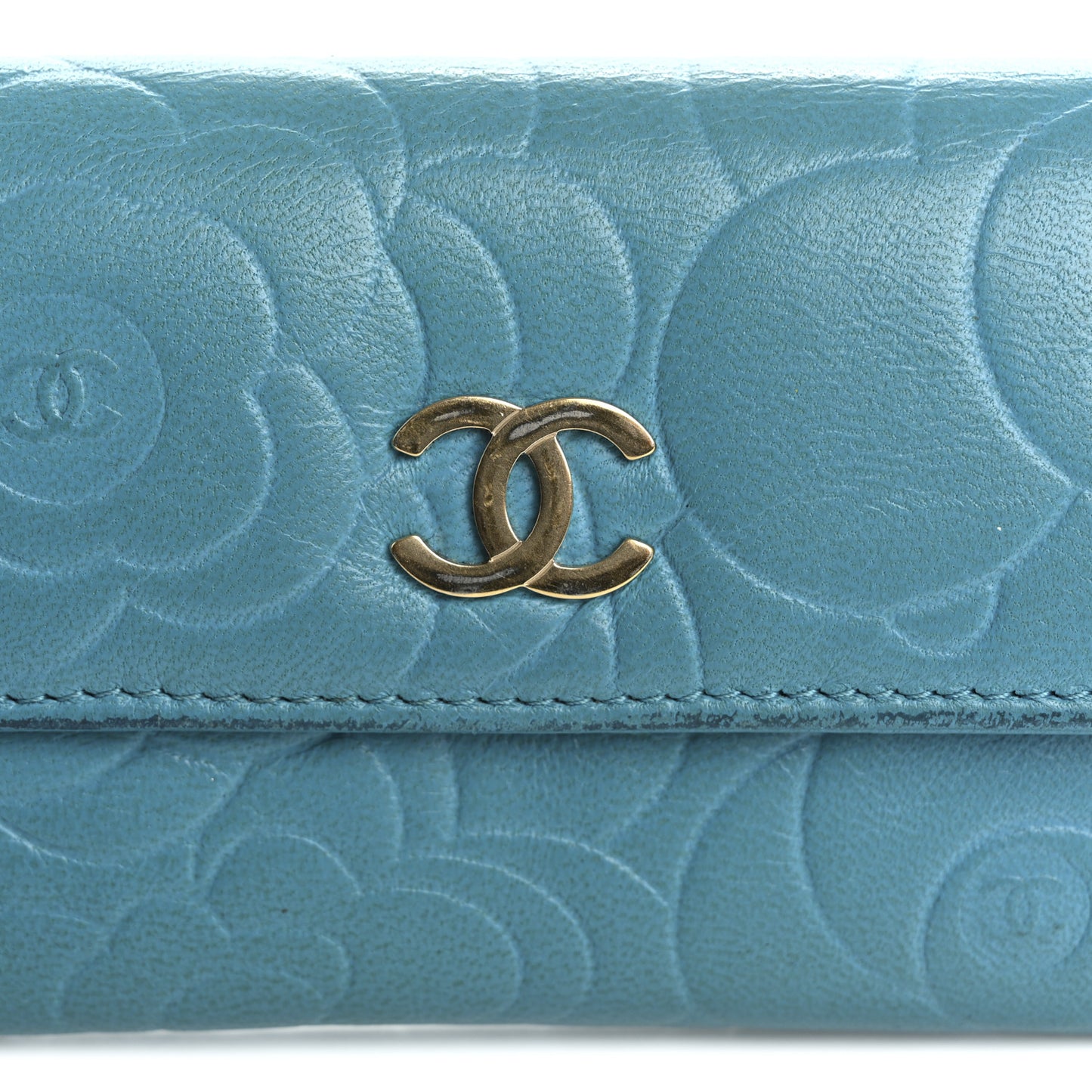 Lambskin Camellia Embossed Flap Card Holder Blue
