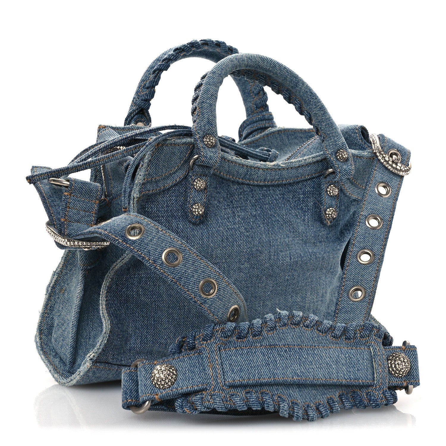 Balenciaga Washed Frayed Denim Crystal Neo Cagole Handbag XS Blue 4 of 15