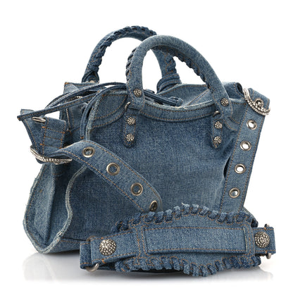 Balenciaga Washed Frayed Denim Crystal Neo Cagole Handbag XS Blue 4 of 15