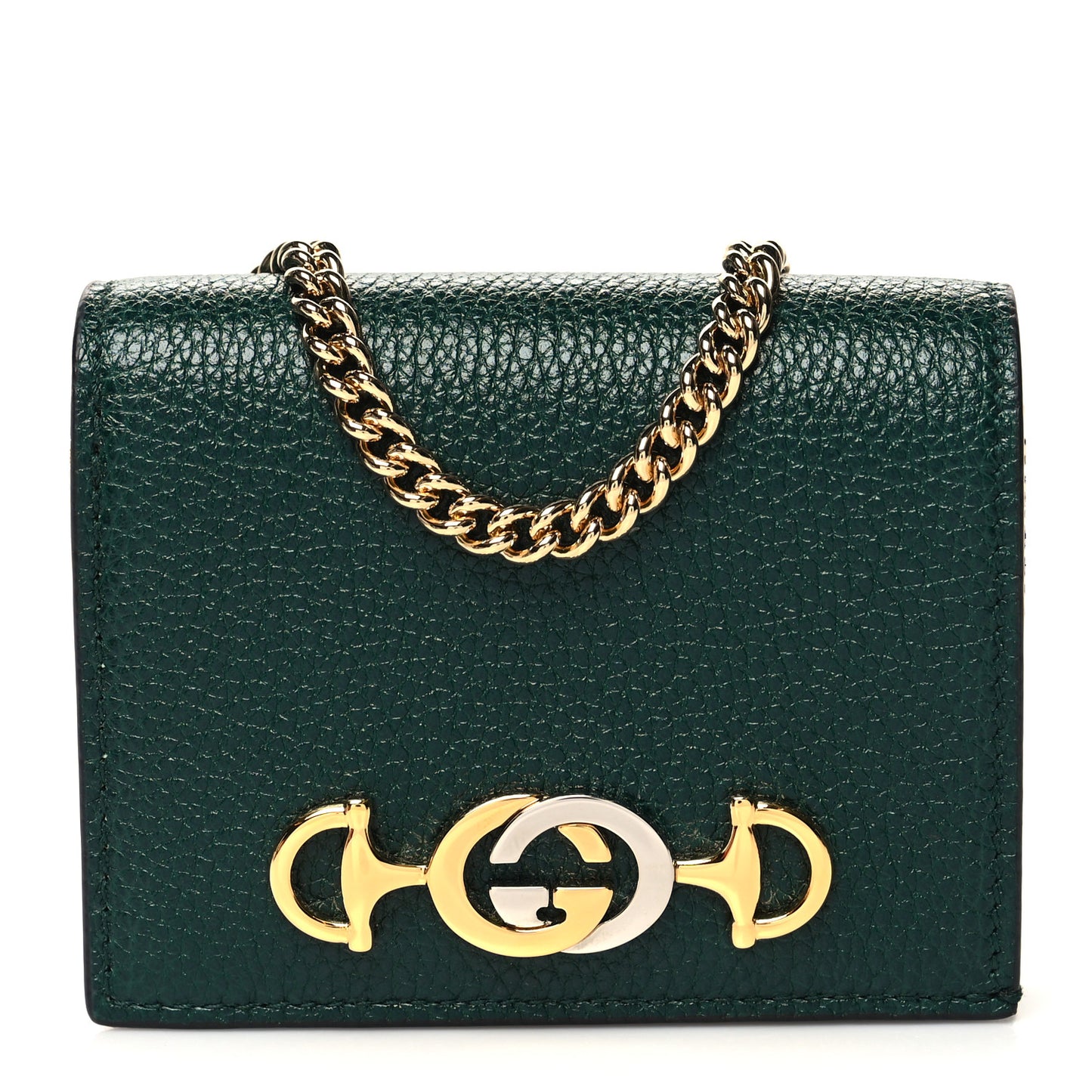 Grainy Calfskin Zumi Chain Card Case Wallet Vintage Green