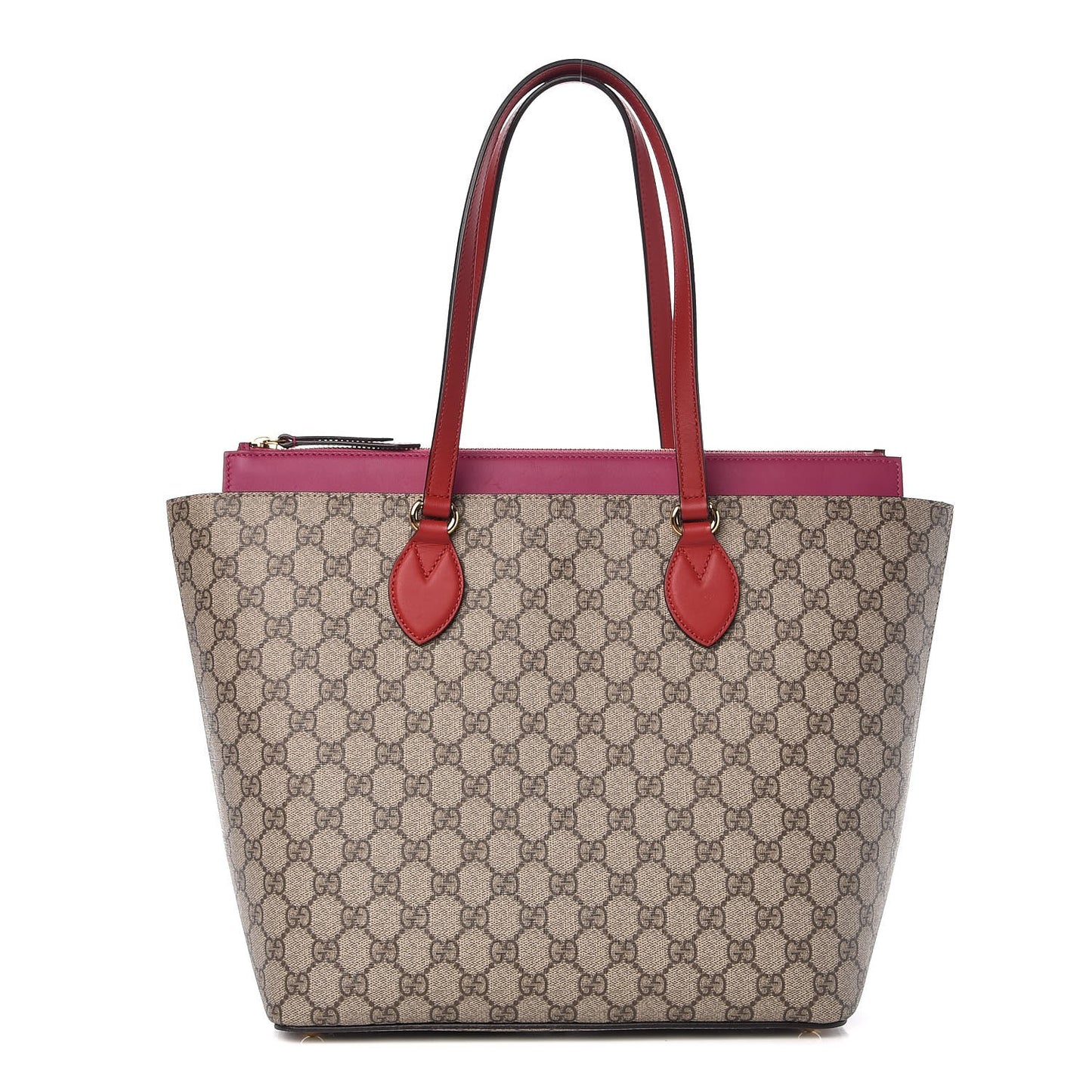 GG Supreme Monogram Medium Zippered Bucket Tote Beige Hibiscus Red New Rosette