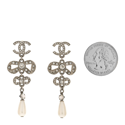 Chanel Crystal Pearl CC Bow Drop Earrings Silver 2 of 5