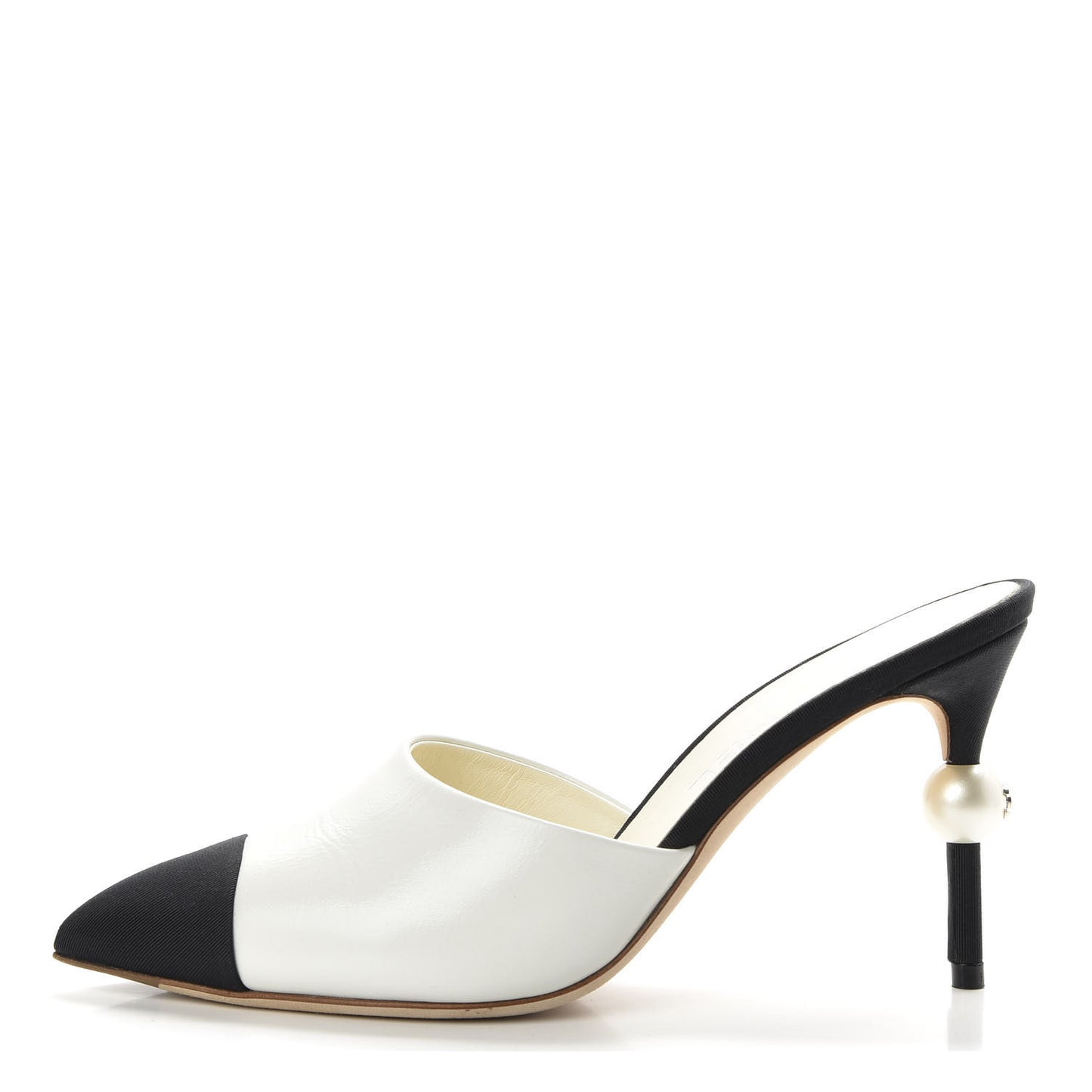 Goatskin Grosgrain Cap Toe Pearl Mule 36 Ecru Black