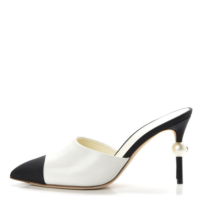 Chanel Goatskin Grosgrain Cap Toe Pearl Mule 36 Ecru Black 1 of 9